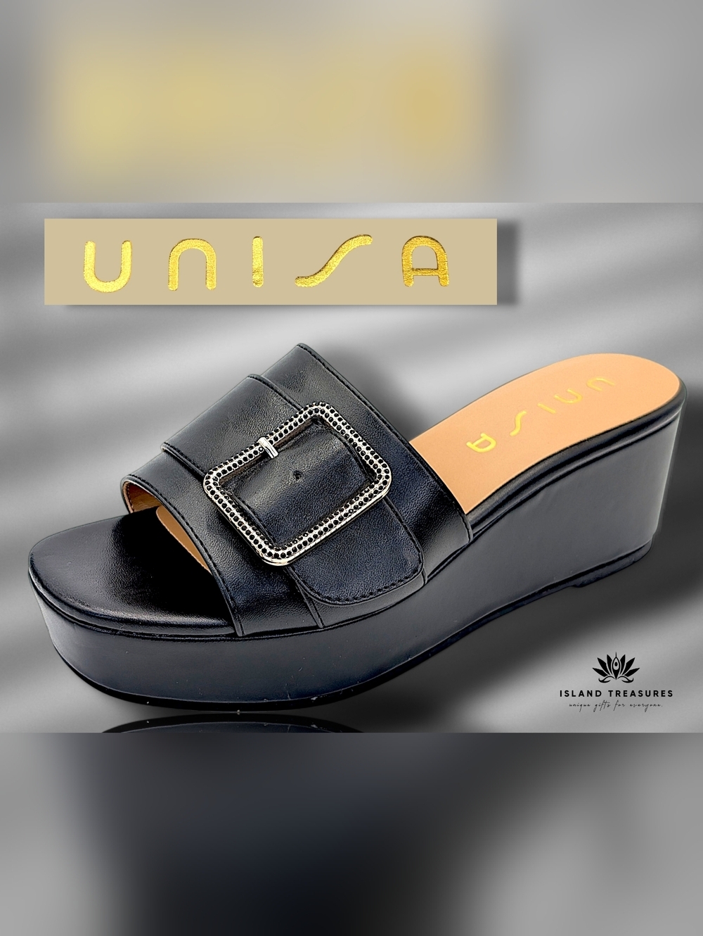 Unisa Sz 8M Black Platform Wedge Slide Sandal With  Rhinestone Buckles Cushioned